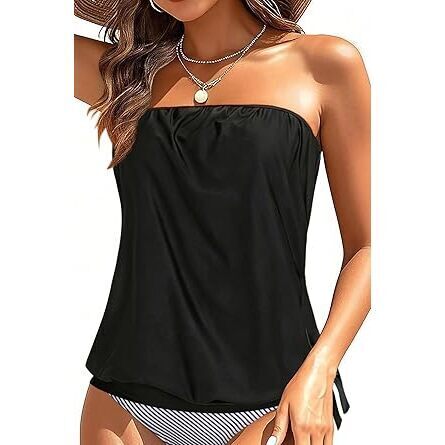 Black Strapless Tankini Tops For Women Swimwear Top Only Bandeau Bathing Suit